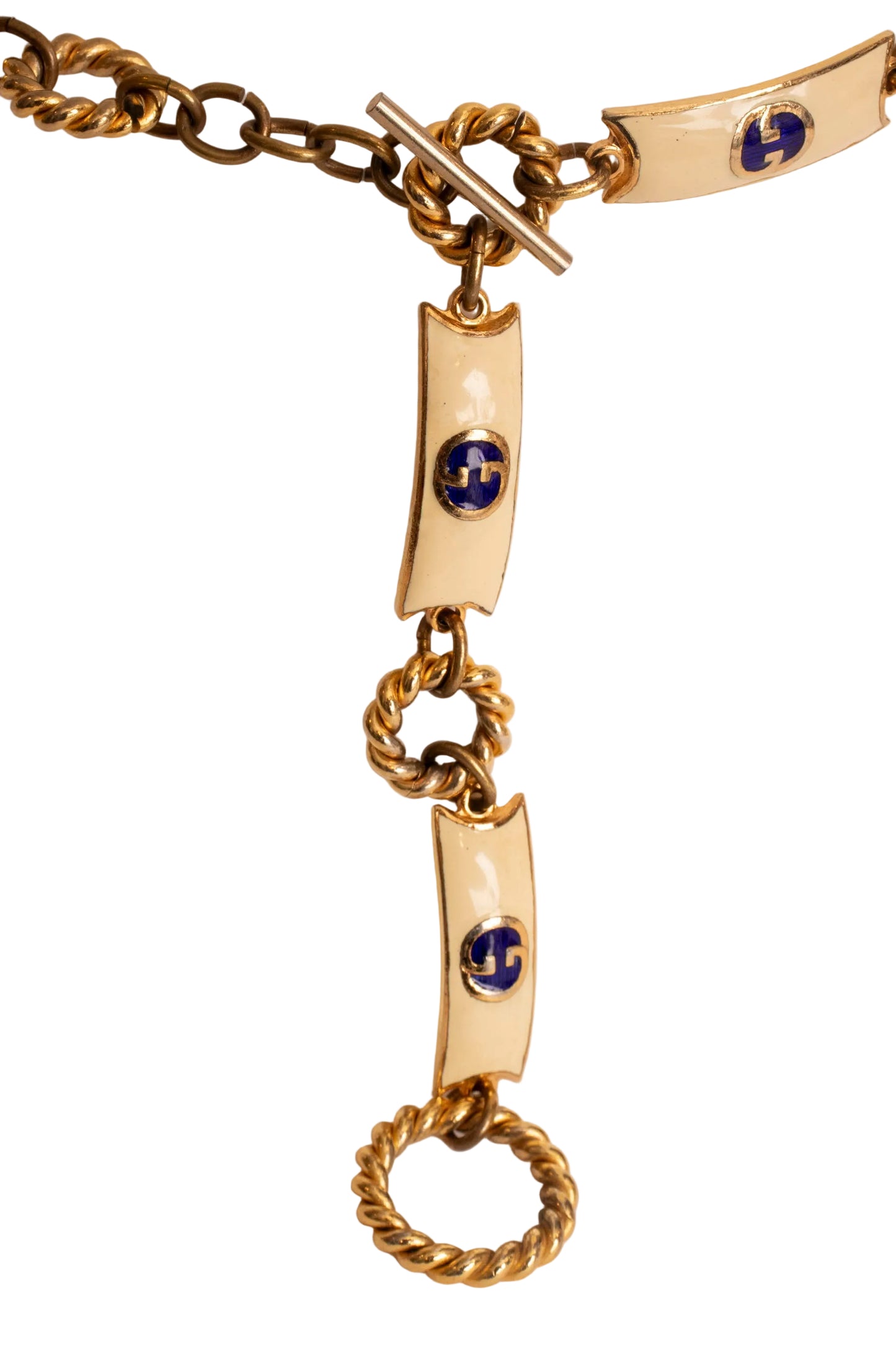 Gucci Gold Tone Blue Ivory Enamel Monogram Chain Belt