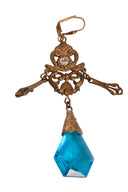 Antique Czech Glass Gold Tone Blue Chandelier Pierced Earrings