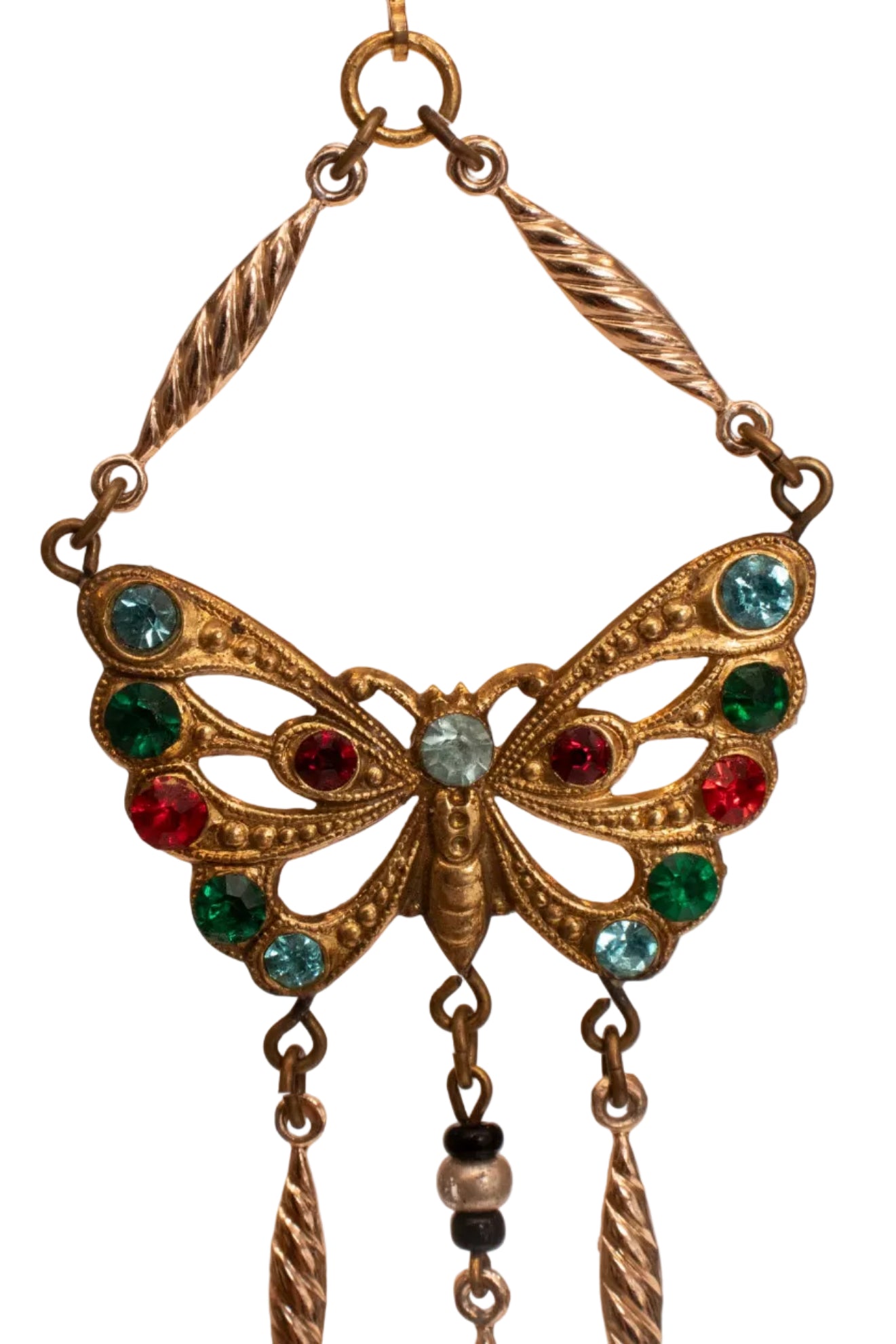 Antique Czech Glass Gold Tone Blue Butterfly Chandelier Pierced Earrings