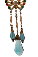 Antique Czech Glass Gold Tone Blue Butterfly Chandelier Pierced Earrings