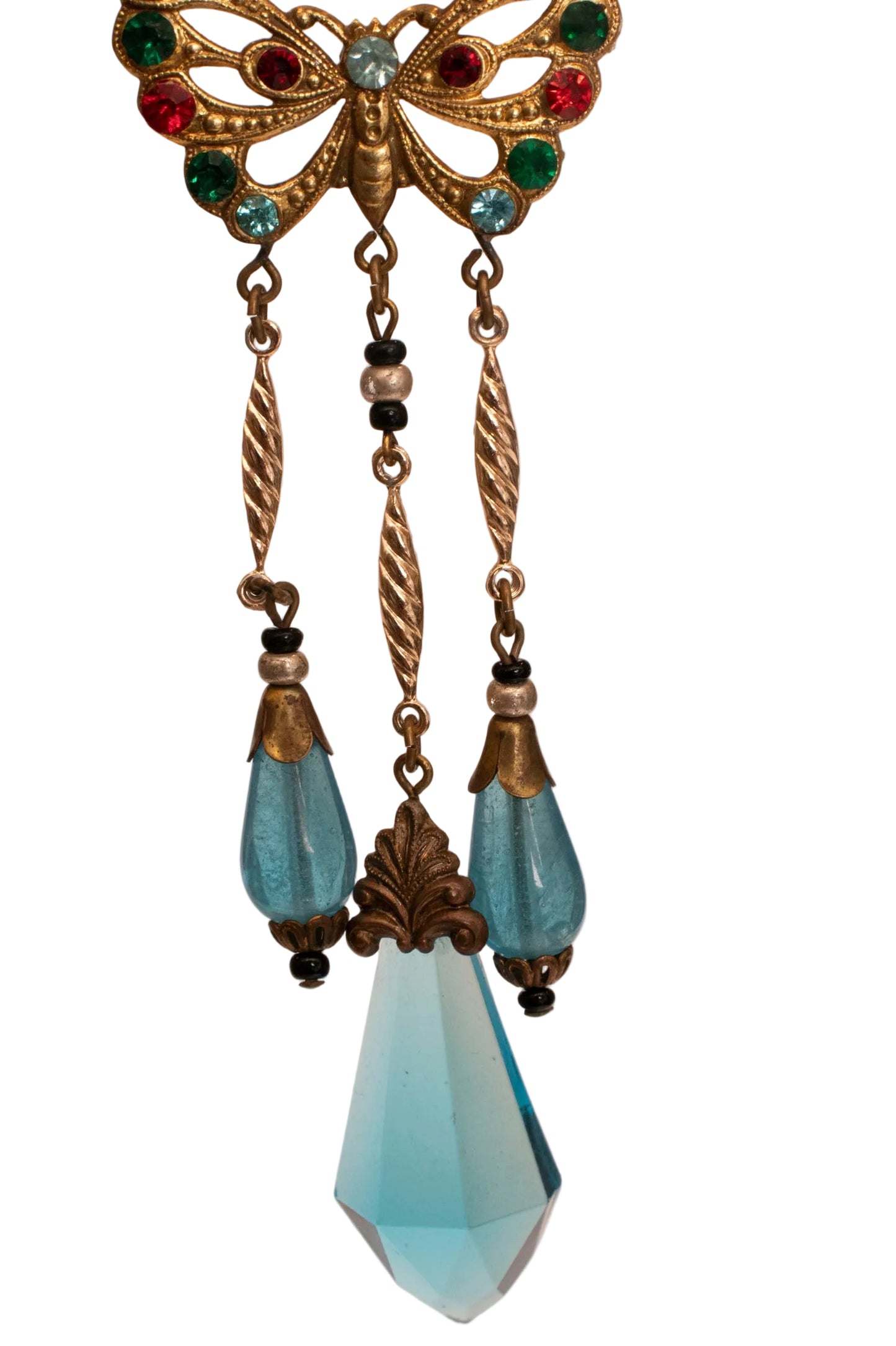 Antique Czech Glass Gold Tone Blue Butterfly Chandelier Pierced Earrings