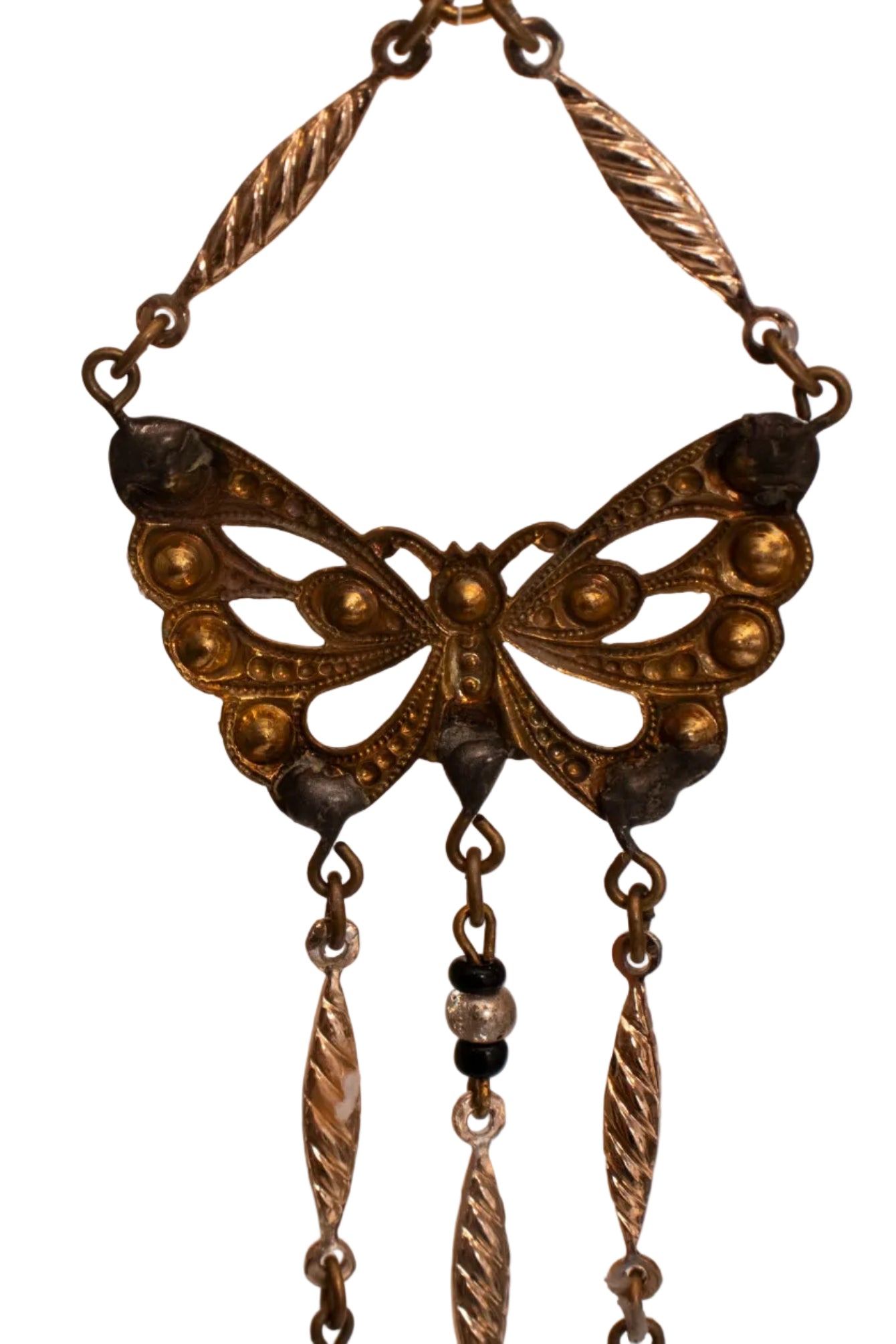 Antique Czech Glass Gold Tone Blue Butterfly Chandelier Pierced Earrings