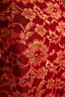 Arnold Scaasi Red Gold Lace Long Sleeve Maxi Dress