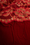 Arnold Scaasi Red Gold Lace Long Sleeve Maxi Dress