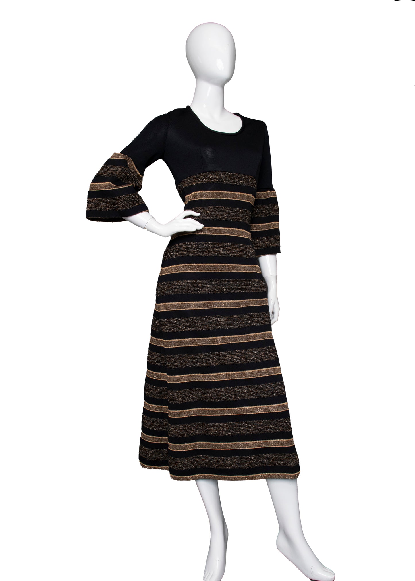 60s Black & Gold Striped Knit Dress S