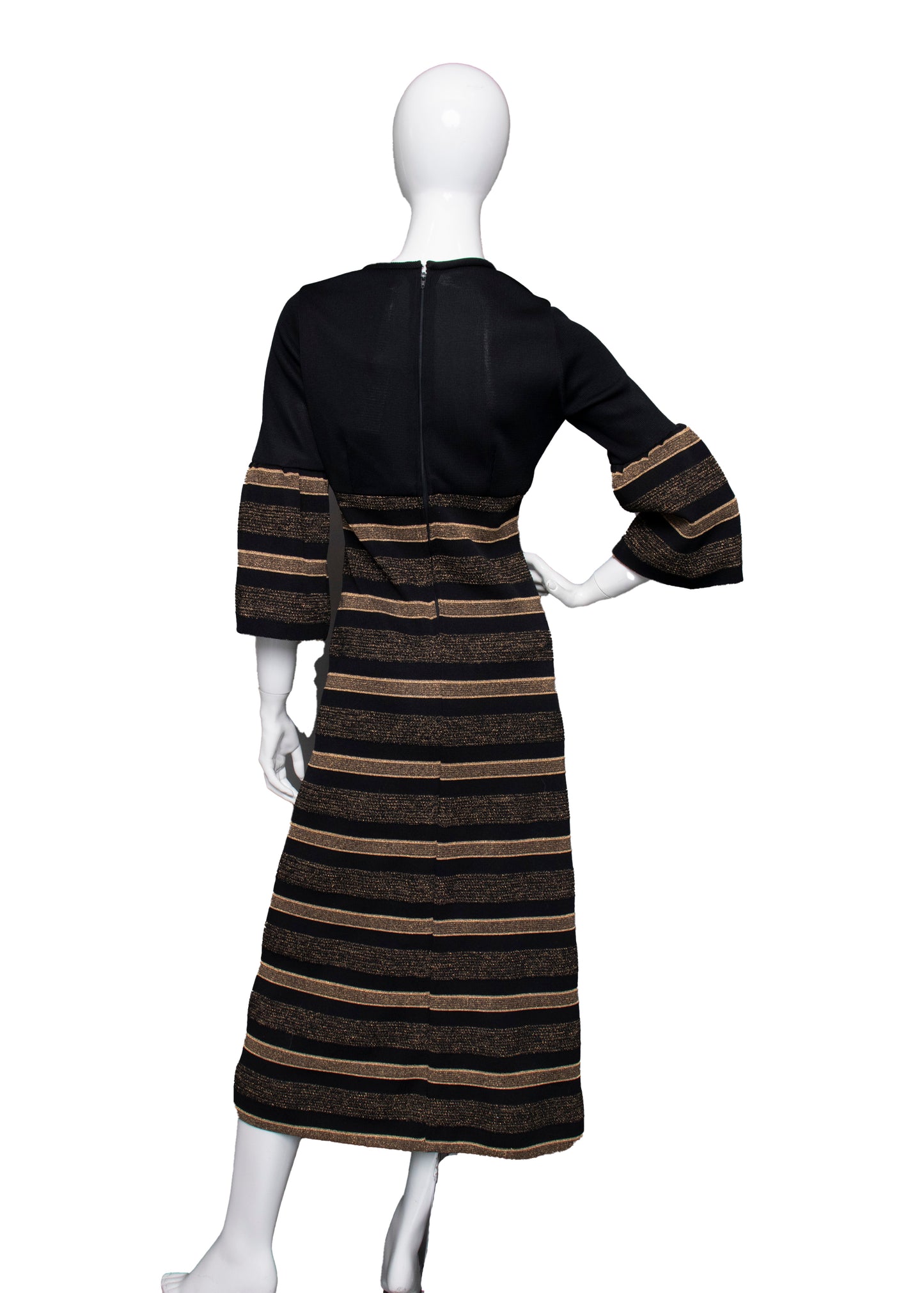 60s Black & Gold Striped Knit Dress S
