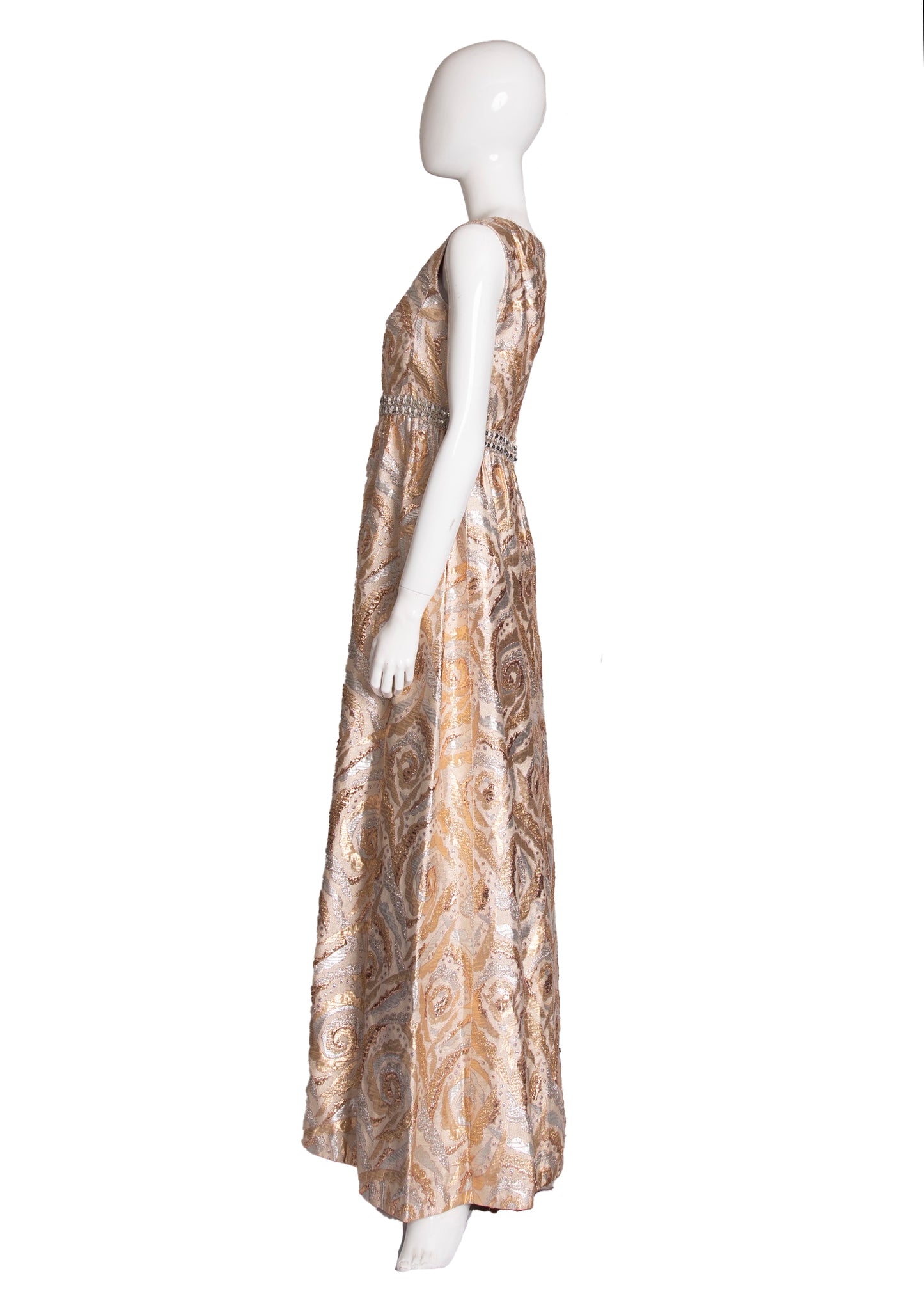 60s Gold & Silver Brocade Maxi Dress S/M