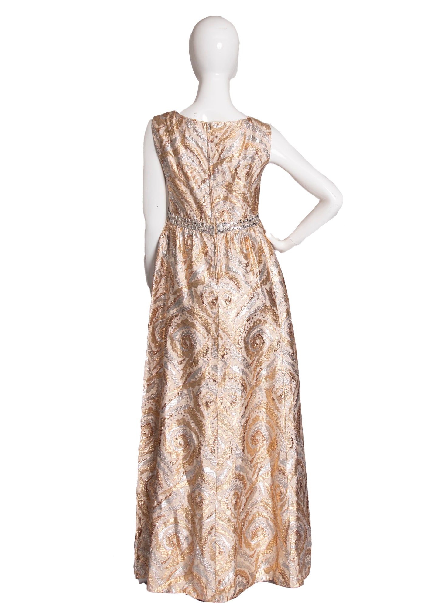 60s Gold & Silver Brocade Maxi Dress S/M