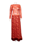 Arnold Scaasi Red Gold Lace Long Sleeve Maxi Dress
