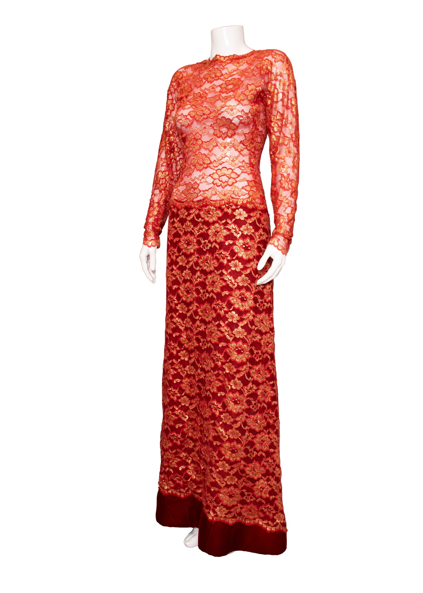 Scaasi Red & Gold Lace Gown