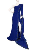 Mark Zunino Blue Wool Knit One Sleeve Beaded Gown