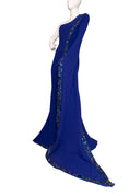 Mark Zunino Blue Wool Knit One Sleeve Beaded Gown