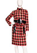 Pierre Cardin Red Black Houndstooth Wool Long Sleeve Jacket Knee Length Skirt Set