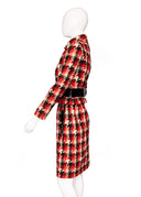 Pierre Cardin Red Black Houndstooth Wool Long Sleeve Jacket Knee Length Skirt Set