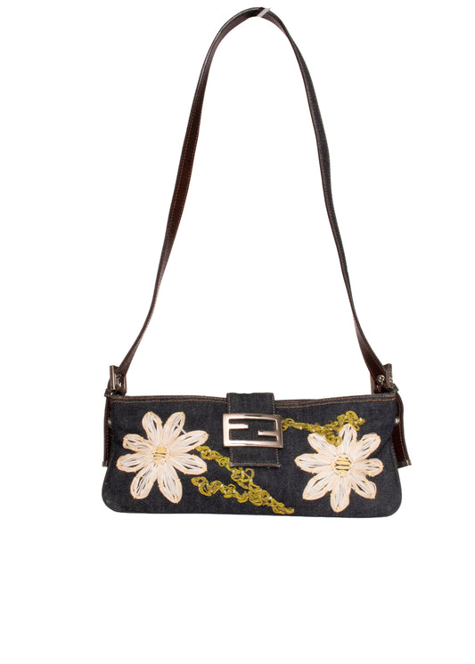 Fendi Denim Floral Embroidered Baguette Shoulder Handbag