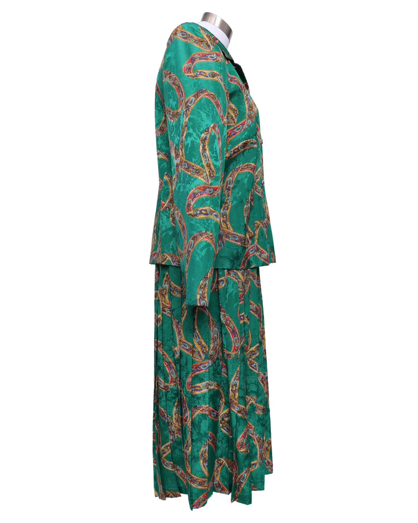 80's Green and Gold Silk Skirt Set L/XL