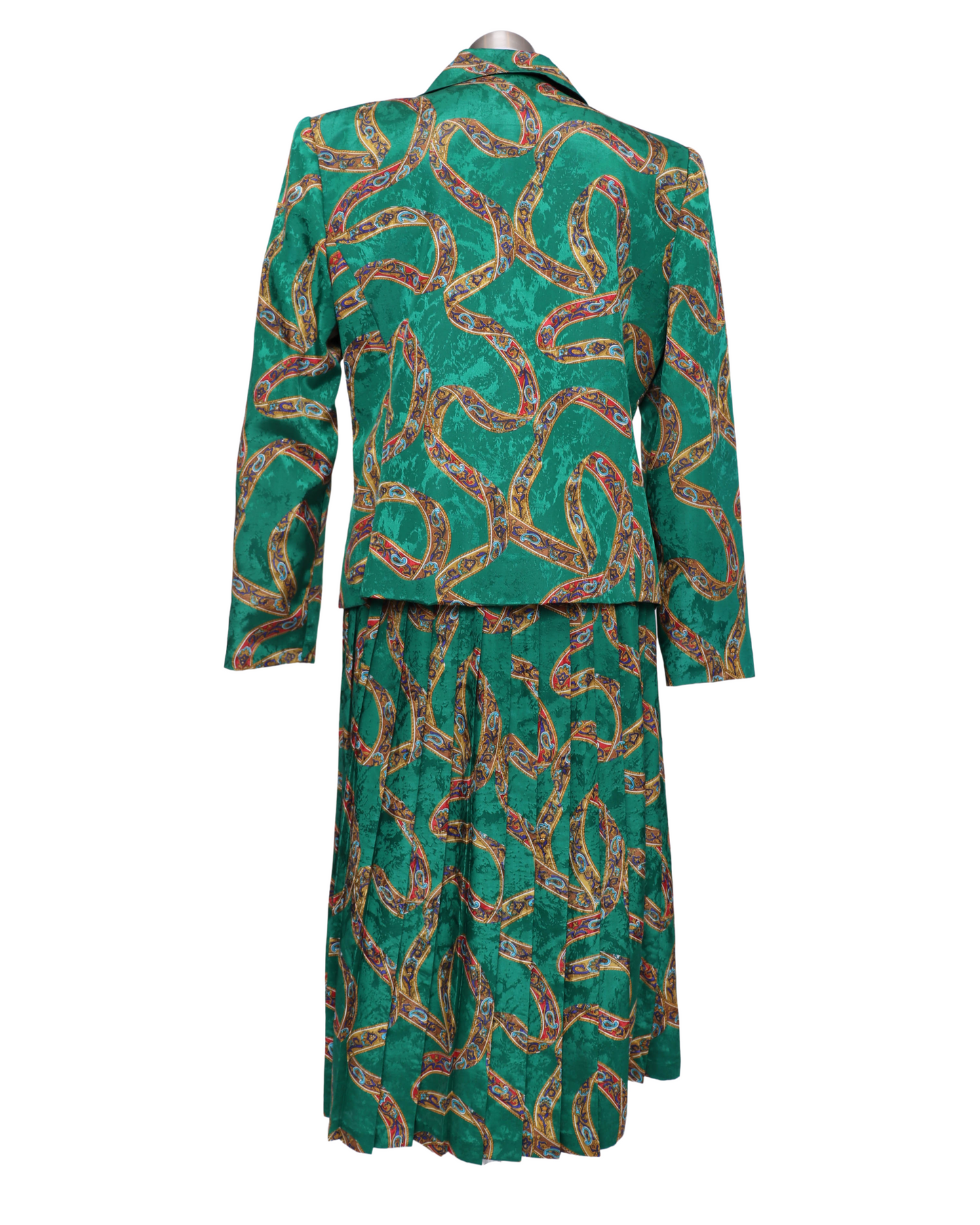 80's Green and Gold Silk Skirt Set L/XL