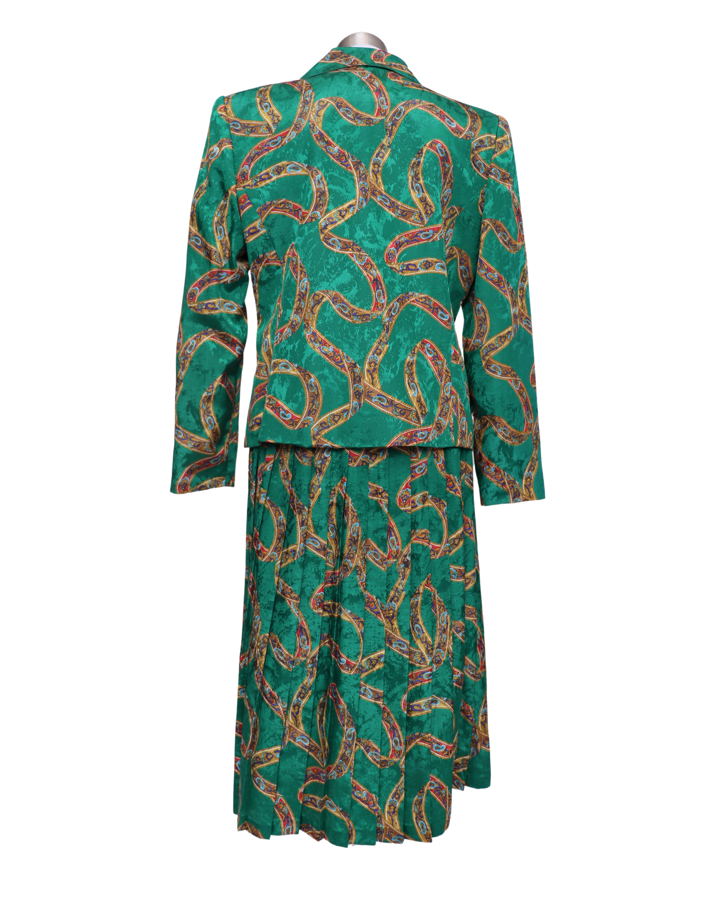 80's Green and Gold Silk Skirt Set L/XL