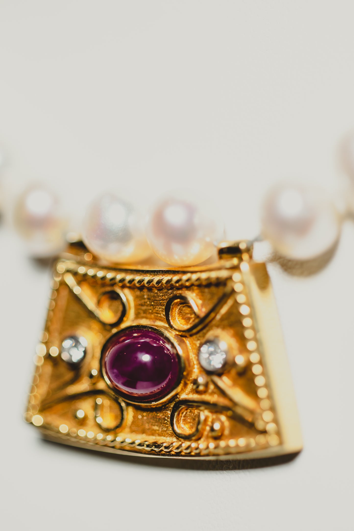 Pearl Necklace with Gold and Ruby Pendant