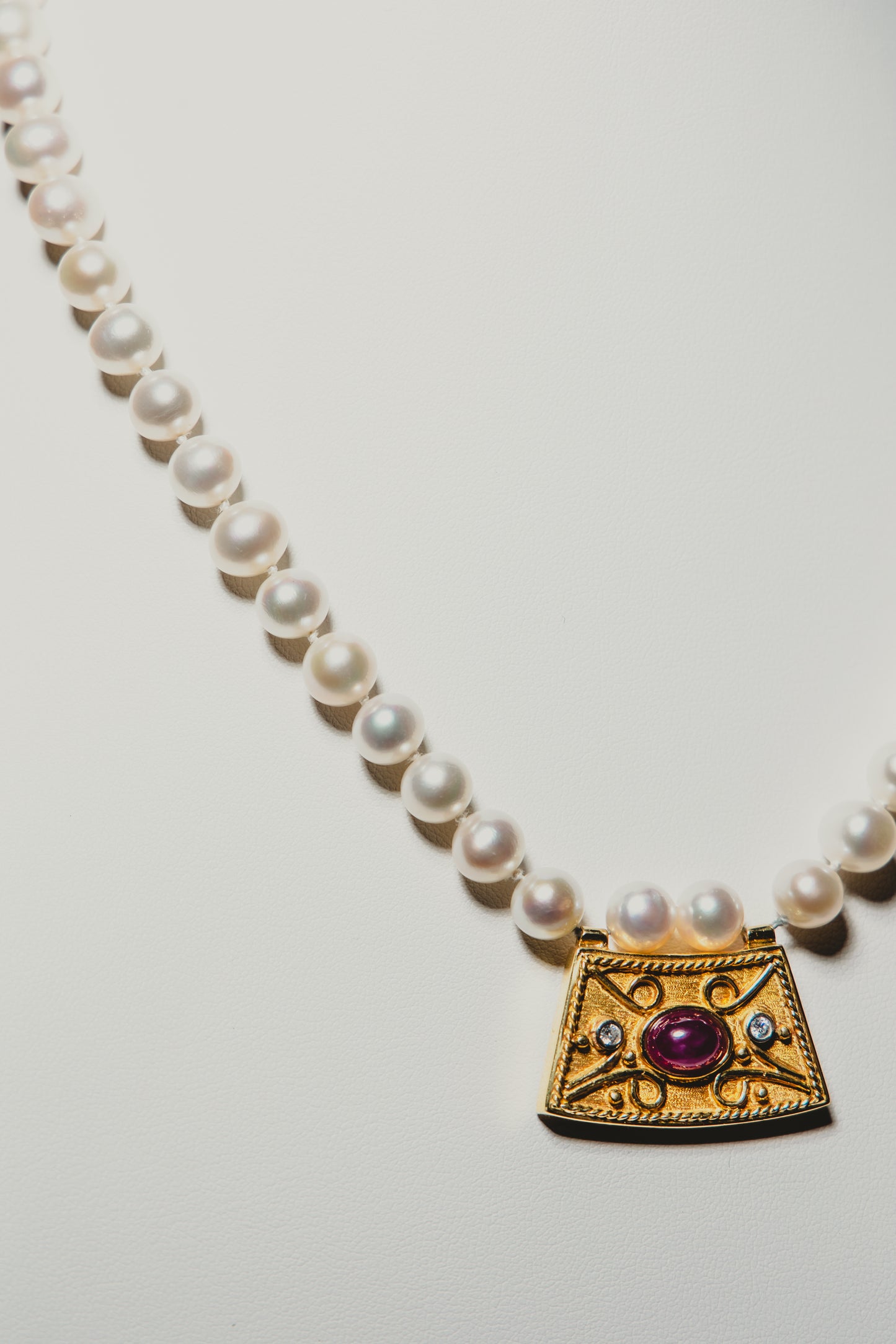 Pearl Necklace with Gold and Ruby Pendant