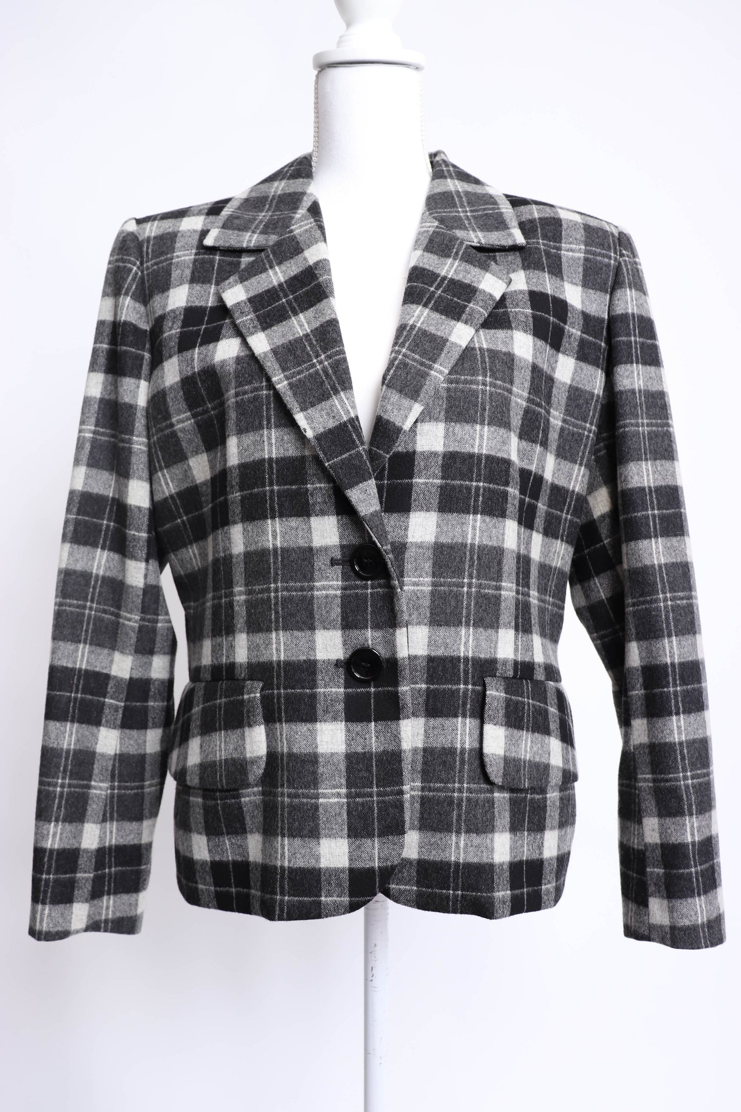 90's Yves Saint Laurent Black and Grey Plaid Wool Blazer L/XL