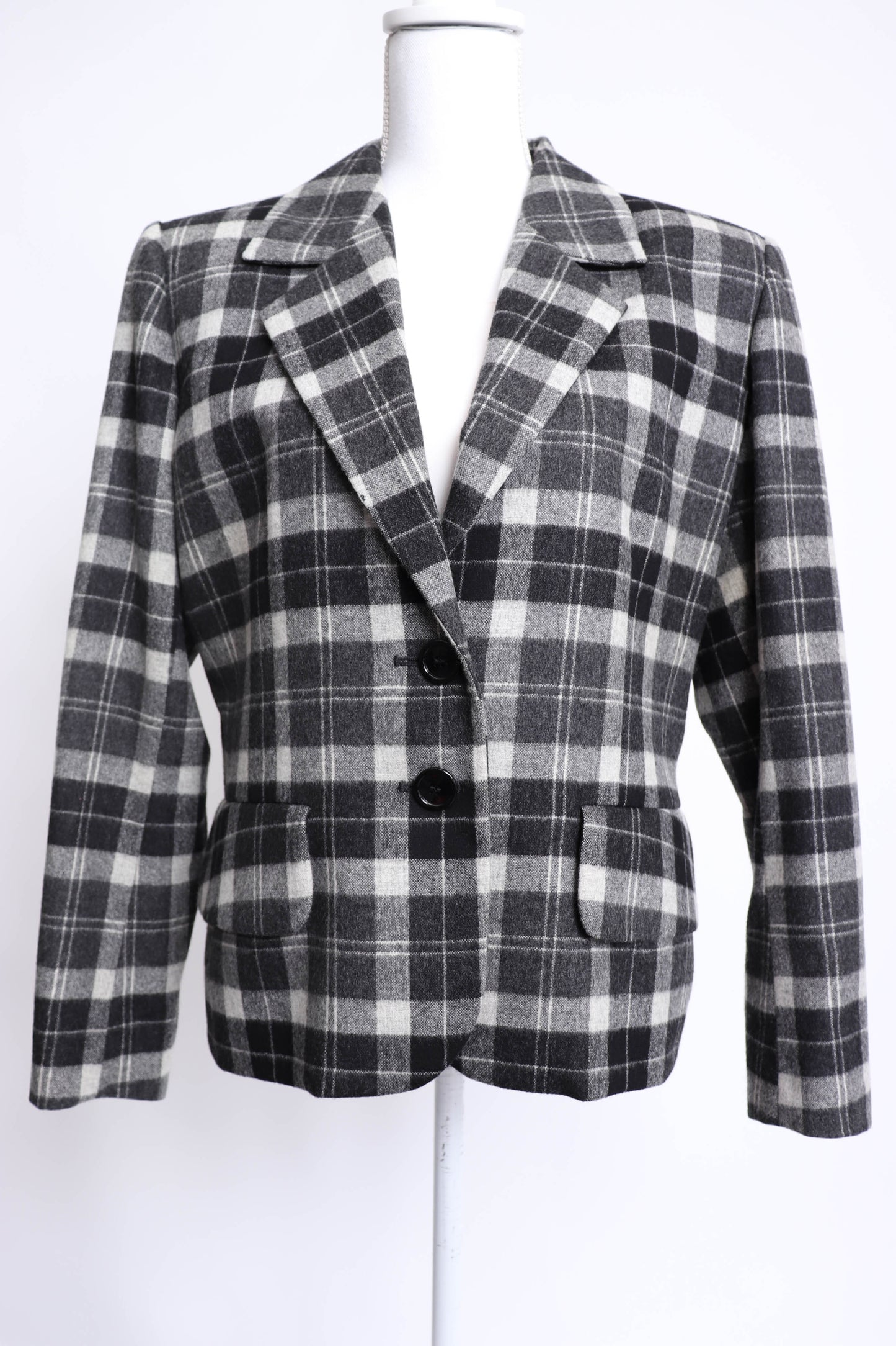 90's Yves Saint Laurent Black and Grey Plaid Wool Blazer L/XL