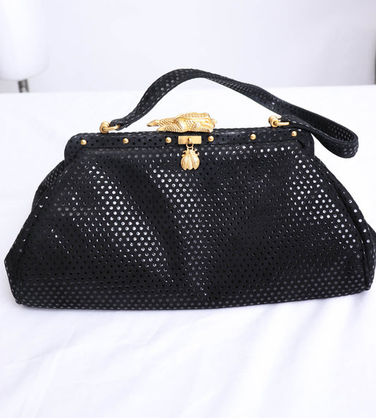 90's Black Suede and Gold Frog Handbag