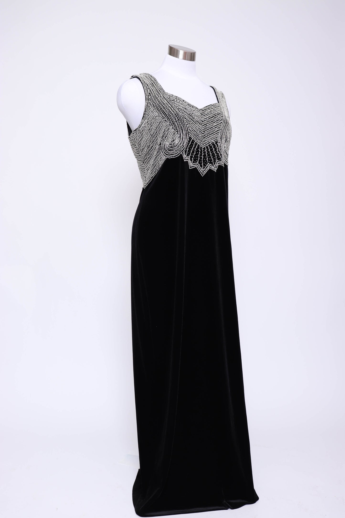 90's Black Velvet Silver Beaded Evening Dress L