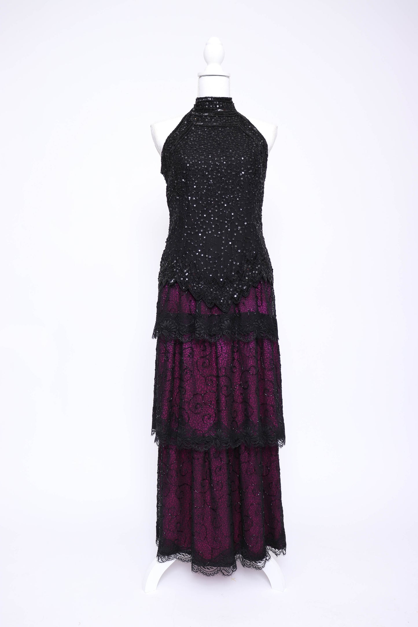 80’s Black Lace and Fuchsia Silk Custom Skirt Set XS