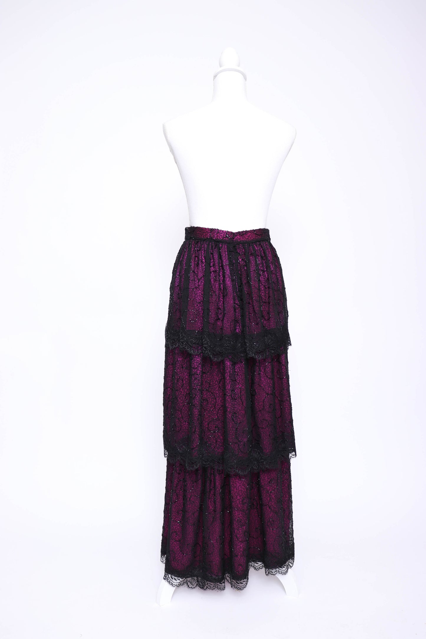 80’s Black Lace and Fuchsia Silk Custom Skirt Set XS
