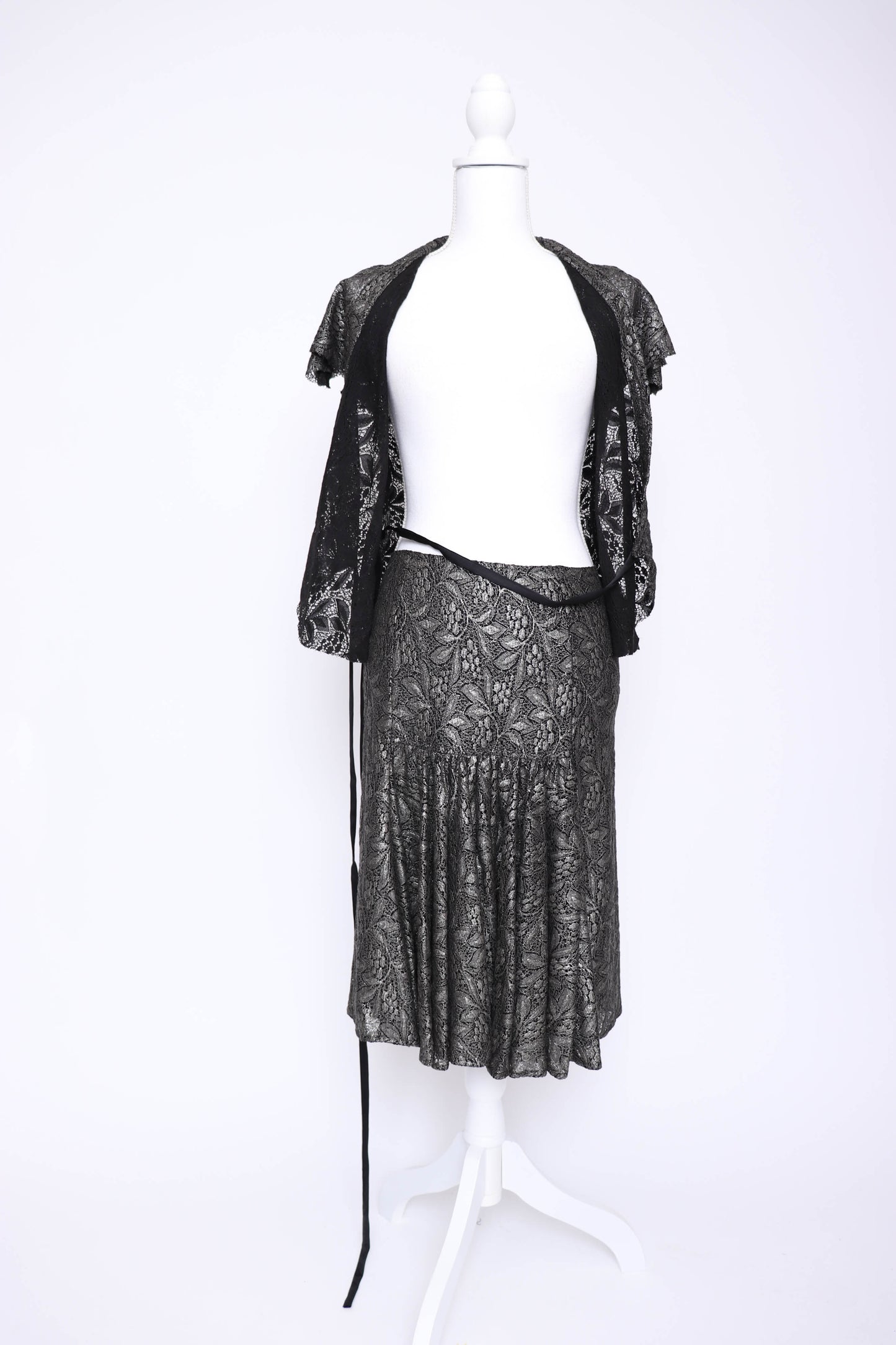 90's Diane Von Furstenberg Silver Lace Skirt Set XS/S