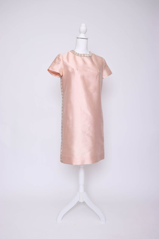 60's Pink Silk Beaded Shift Dress S