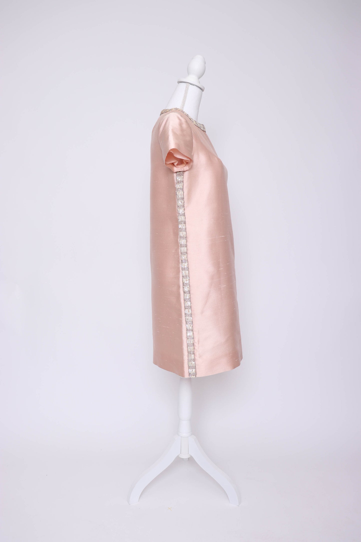 60's Pink Silk Beaded Shift Dress S
