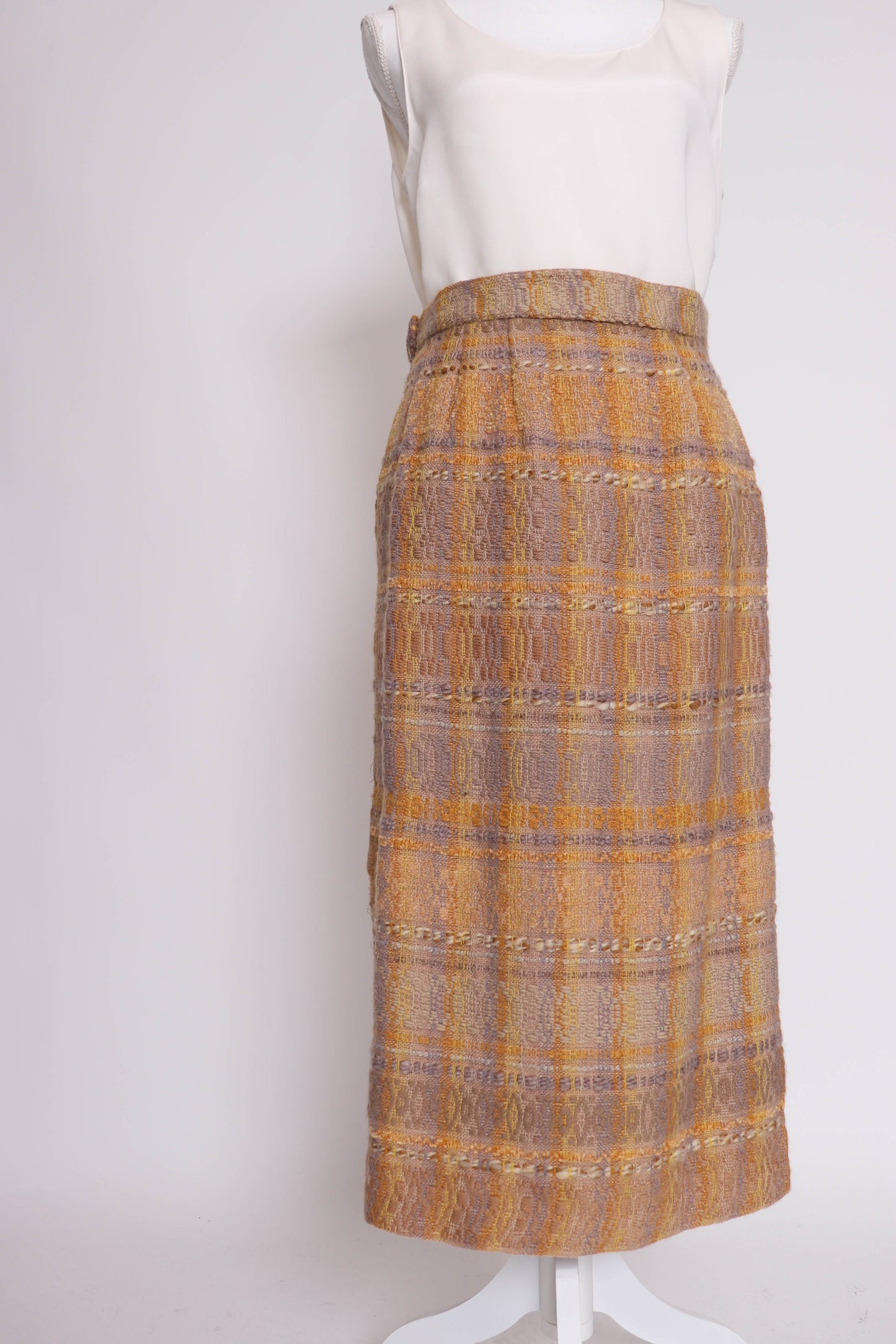 70's Plaid Wool Midi Skirt S