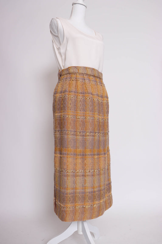 70's Plaid Wool Midi Skirt S