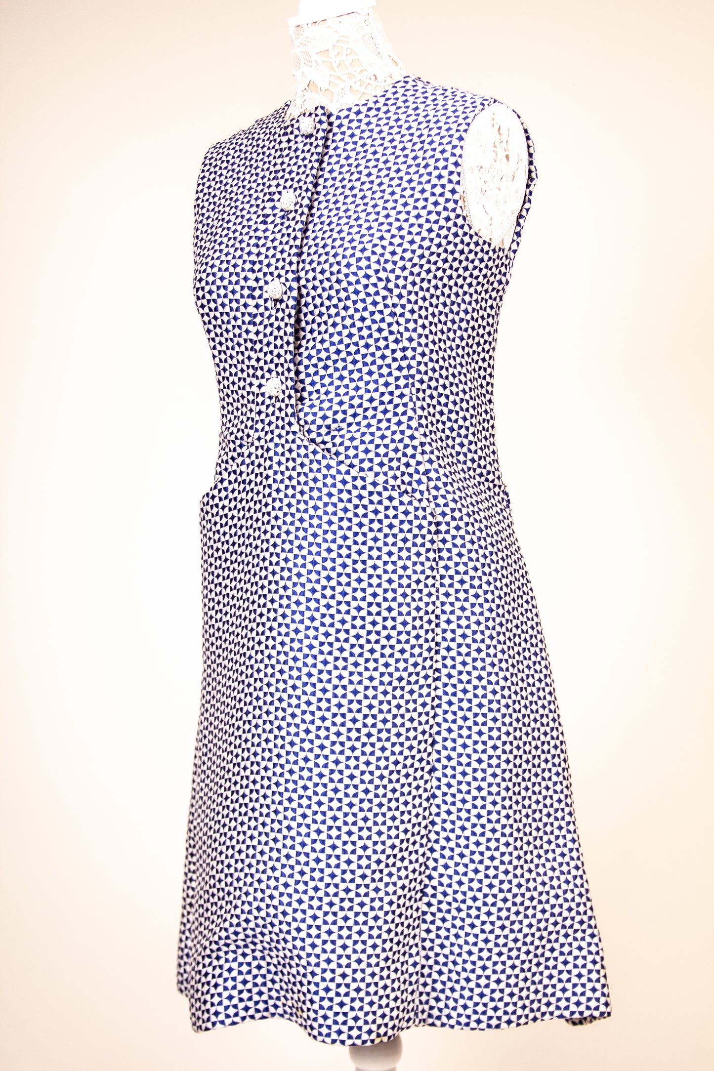 60's Blue and White Sleeveless Dress M/L