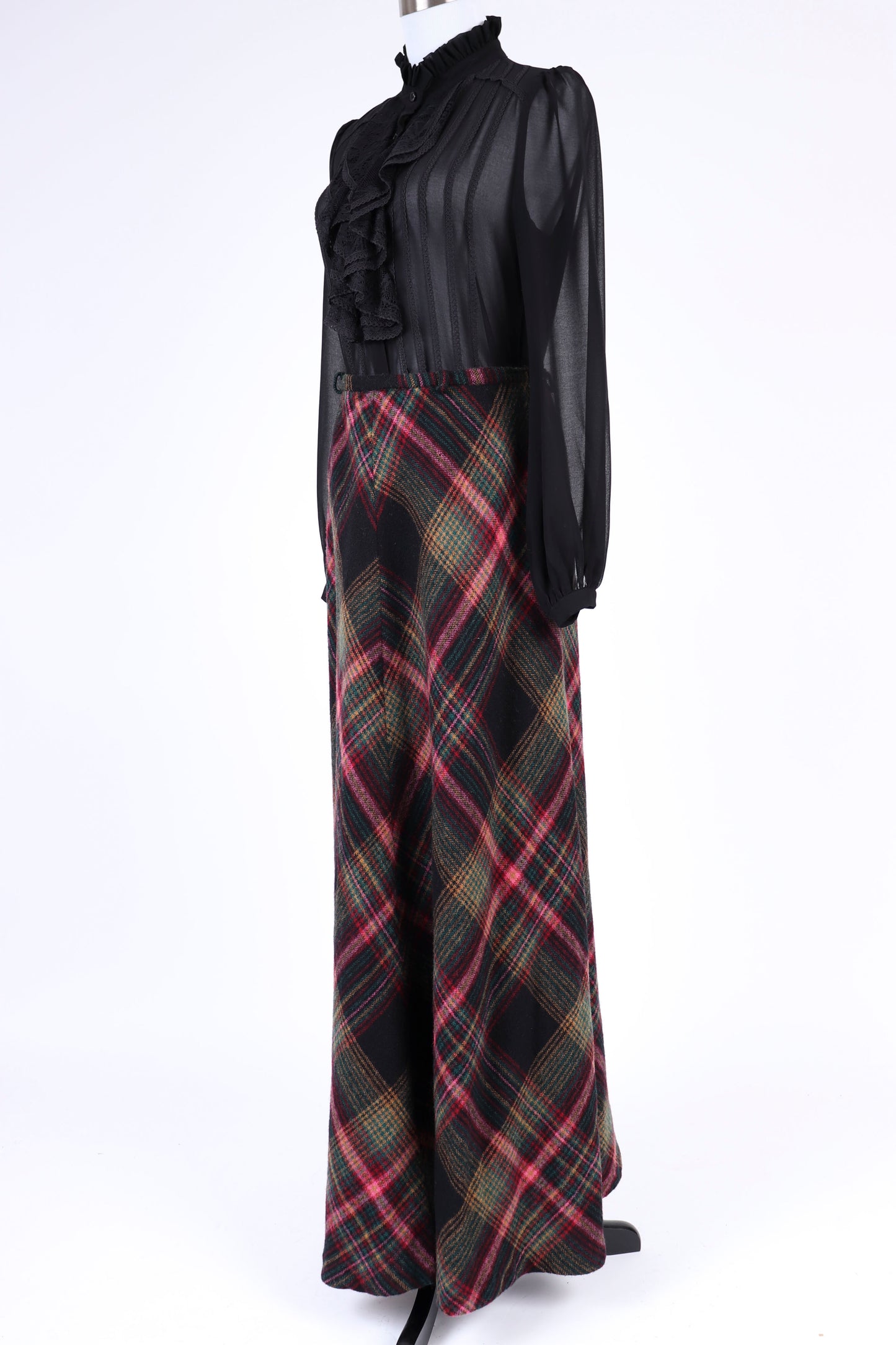 70's Plaid Wool Maxi Skirt S