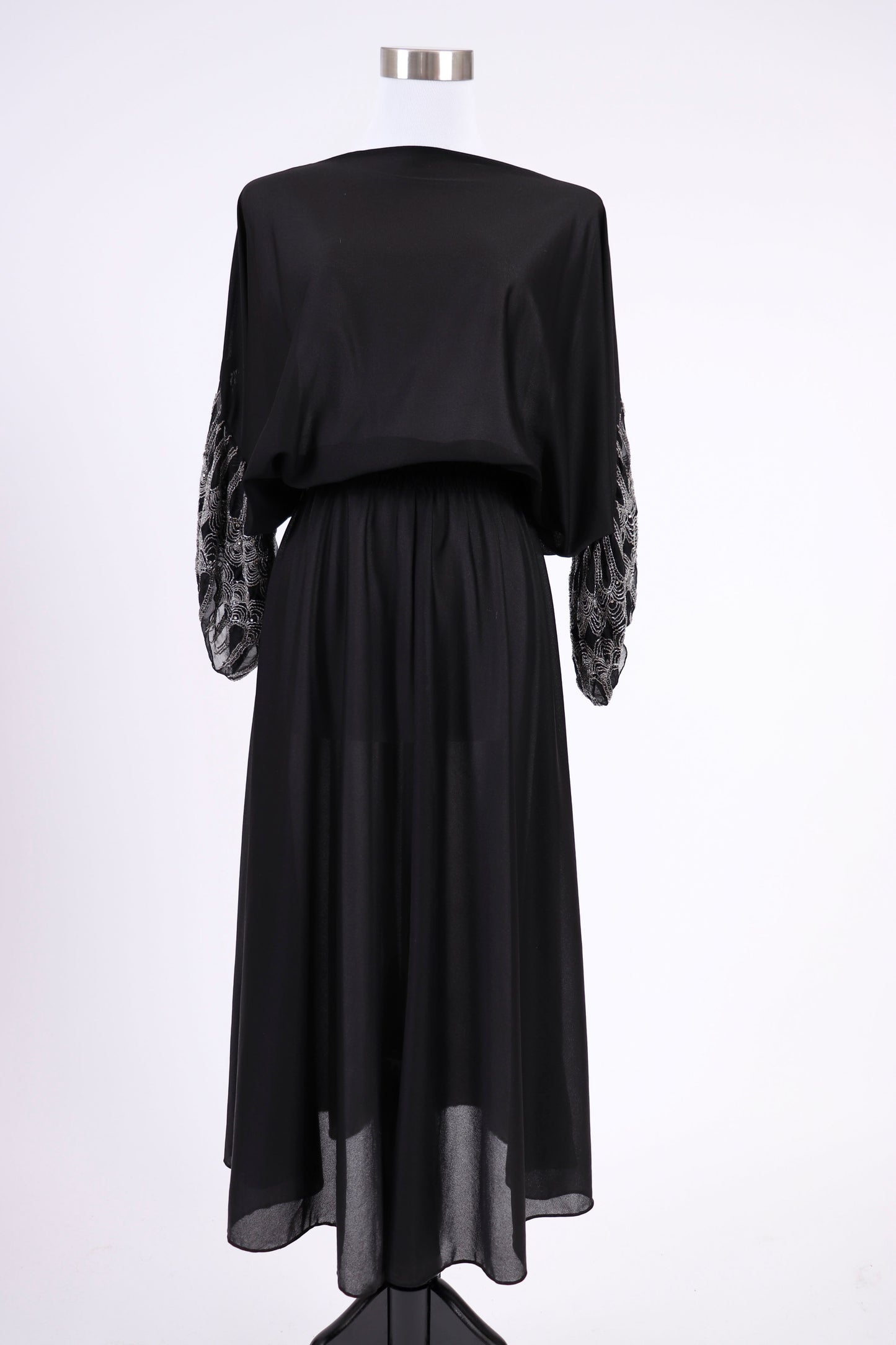 70's Black Beaded Dress XS
