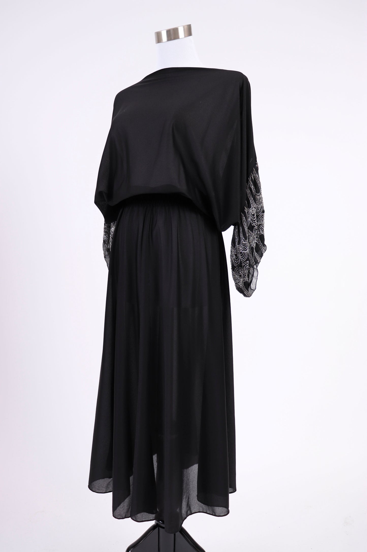 70's Black Beaded Dress XS