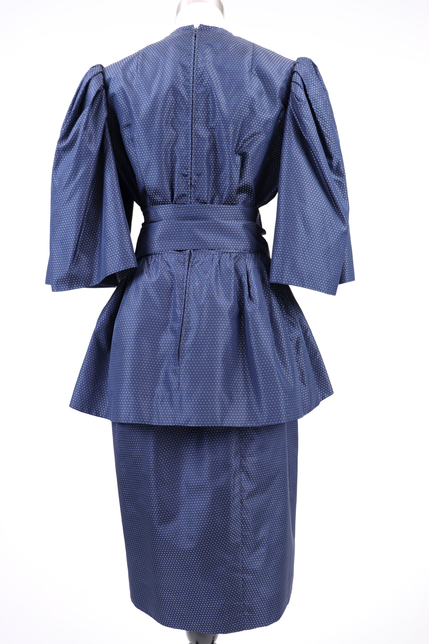 80's Pauline Trigere Blue Silk Skirt Set M