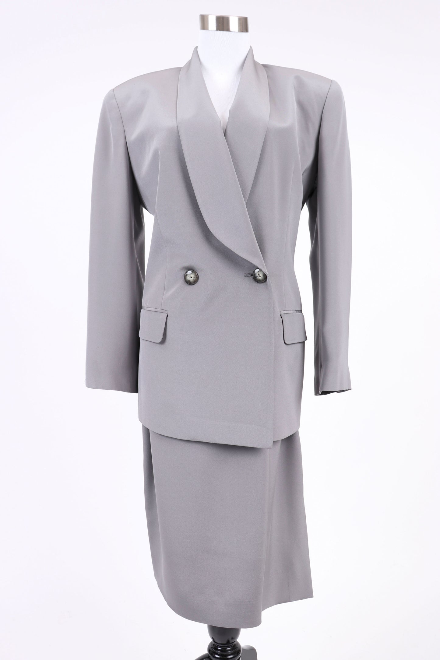 80's Ellen Tracy Grey Silk Skirt Suit M/L