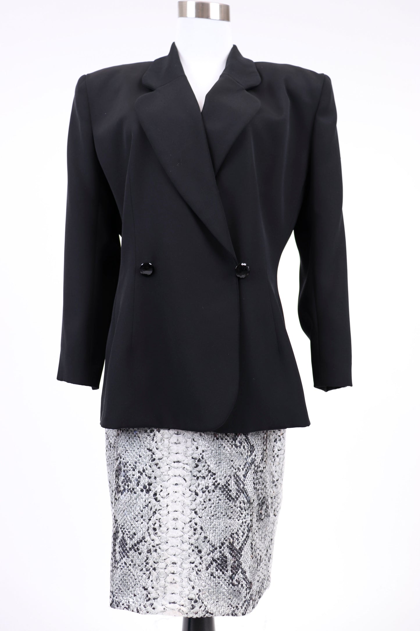 80's Eva Chun Black and Snakeskin Skirt Suit M/L