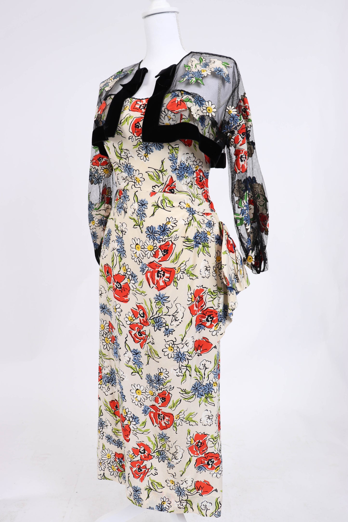 60's Floral Silk Bolero Dress S/M