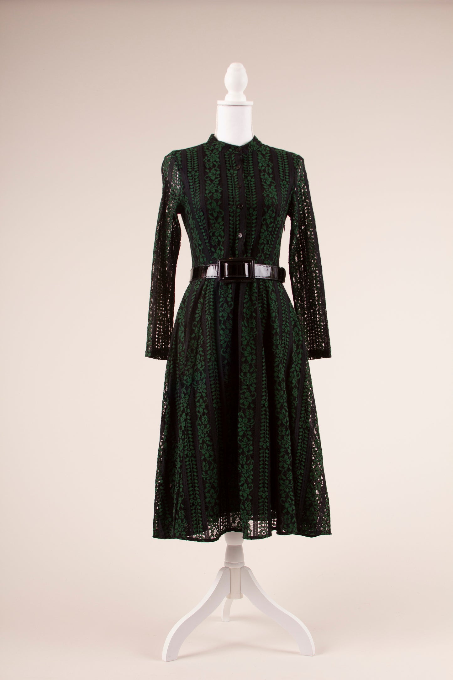 80's Black and Green Lace Dress S