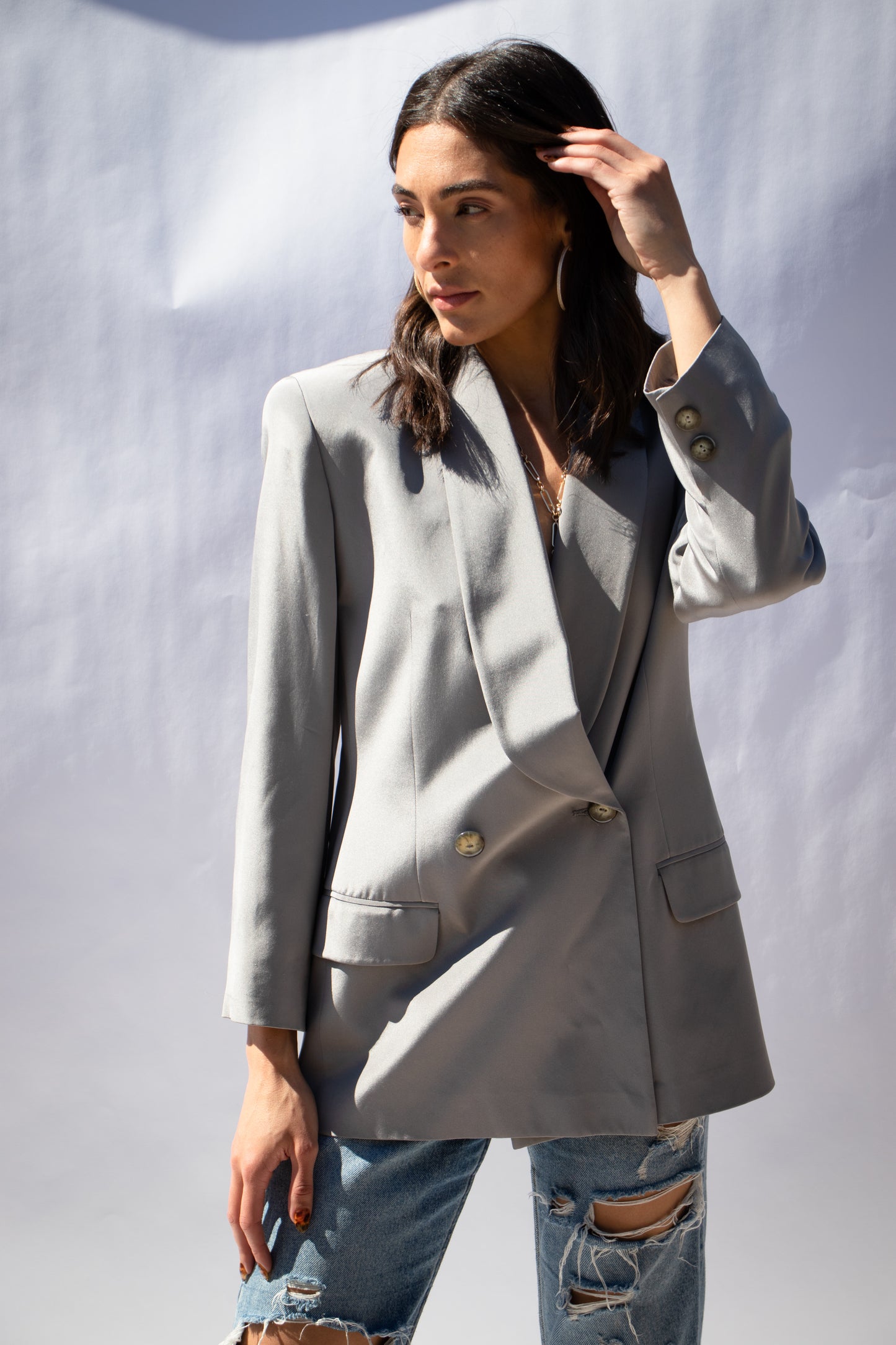 80's Ellen Tracy Grey Silk Skirt Suit M/L