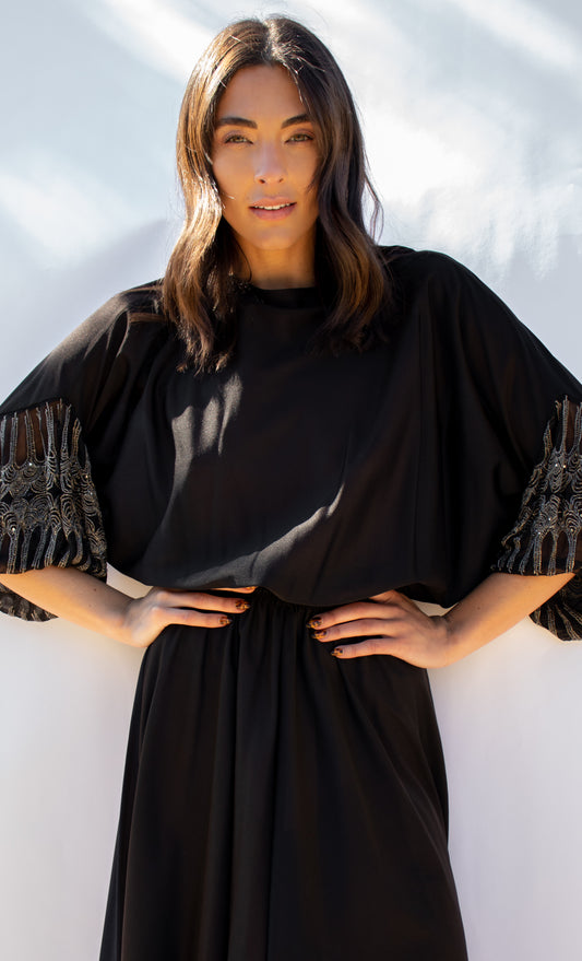 70's Black Beaded Dress XS