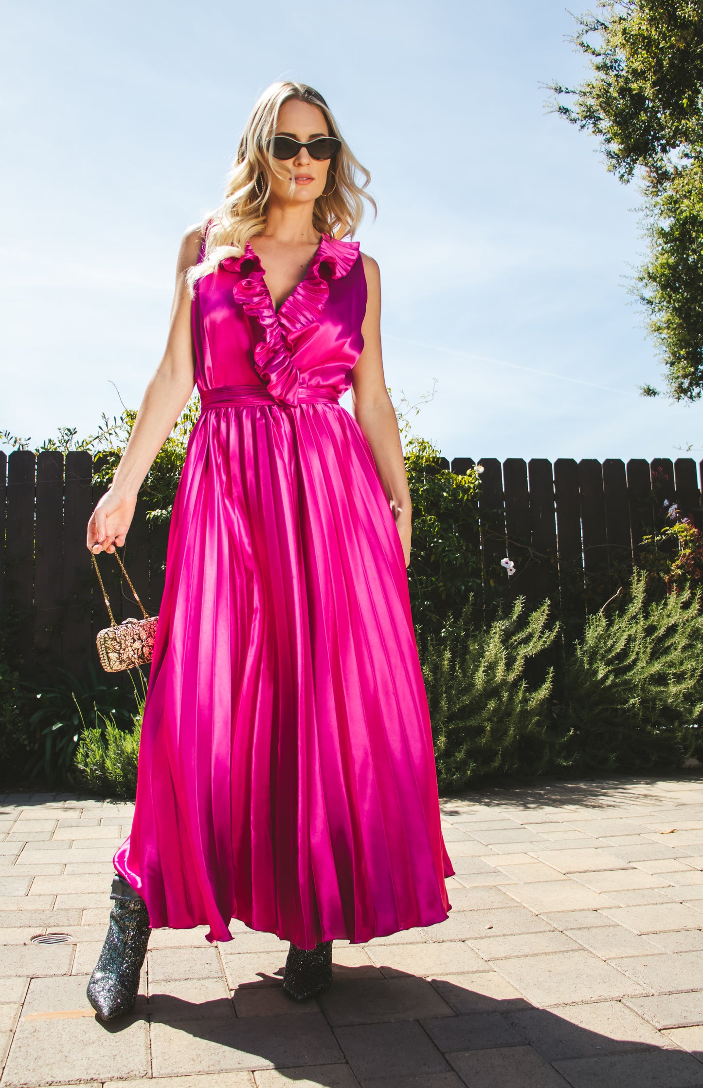 70's Fuchsia Satin Dress L/XL