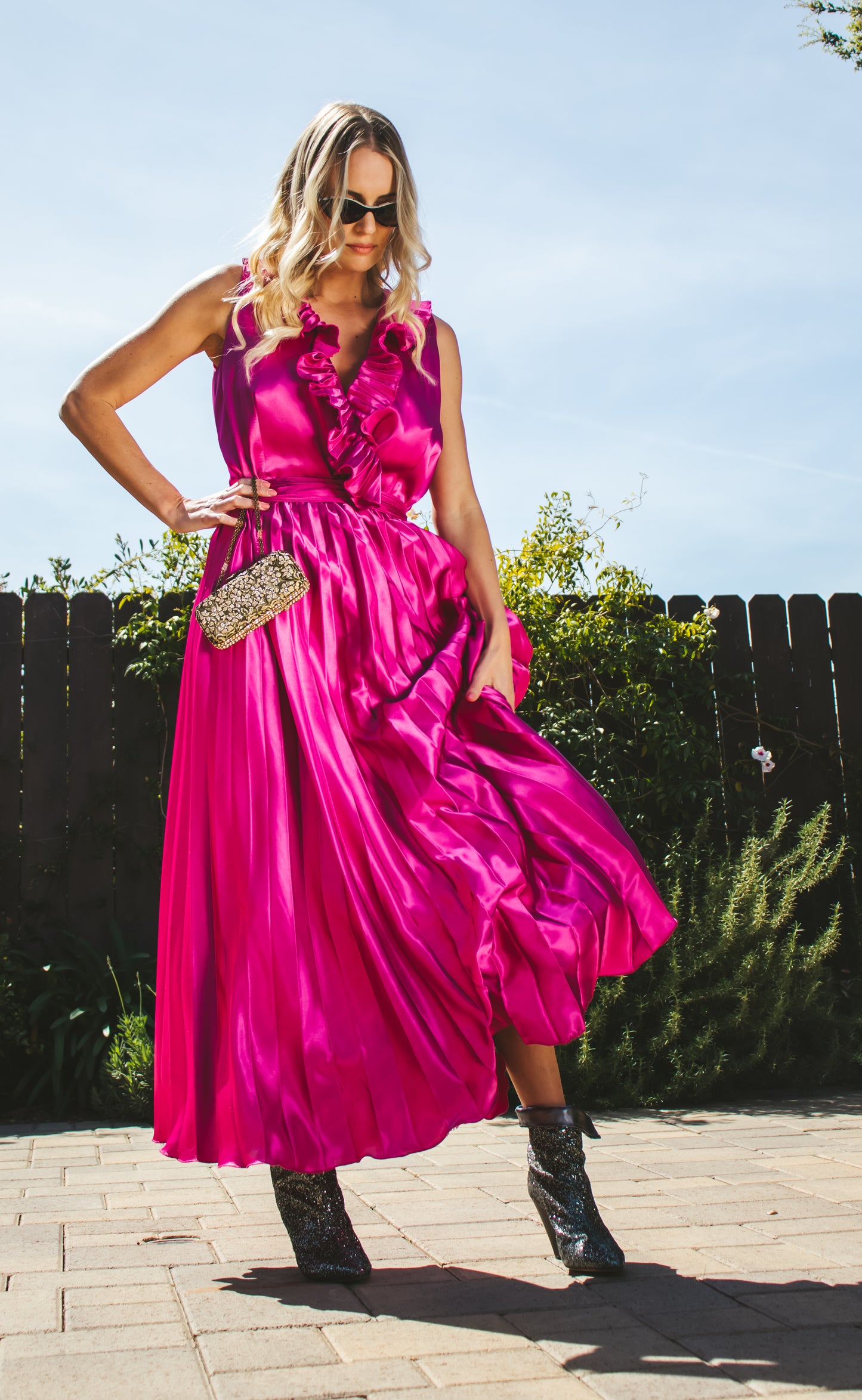 70's Fuchsia Satin Dress L/XL