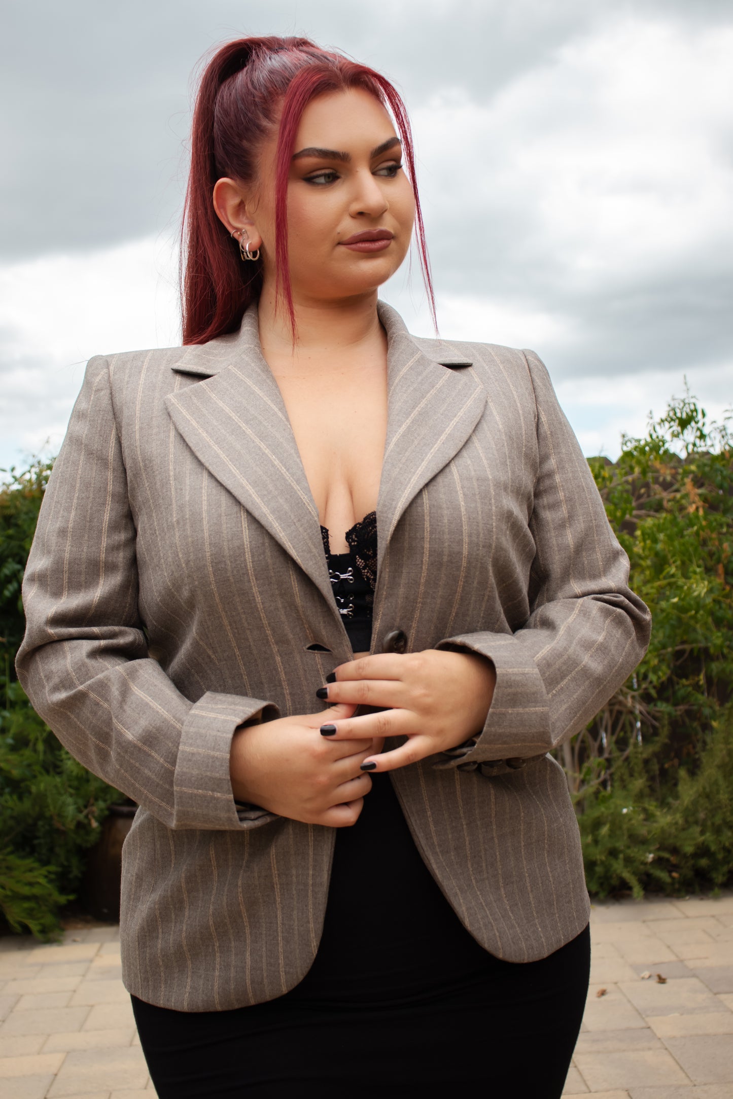 90's Escada Taupe and Gold Pinstripe Blazer L