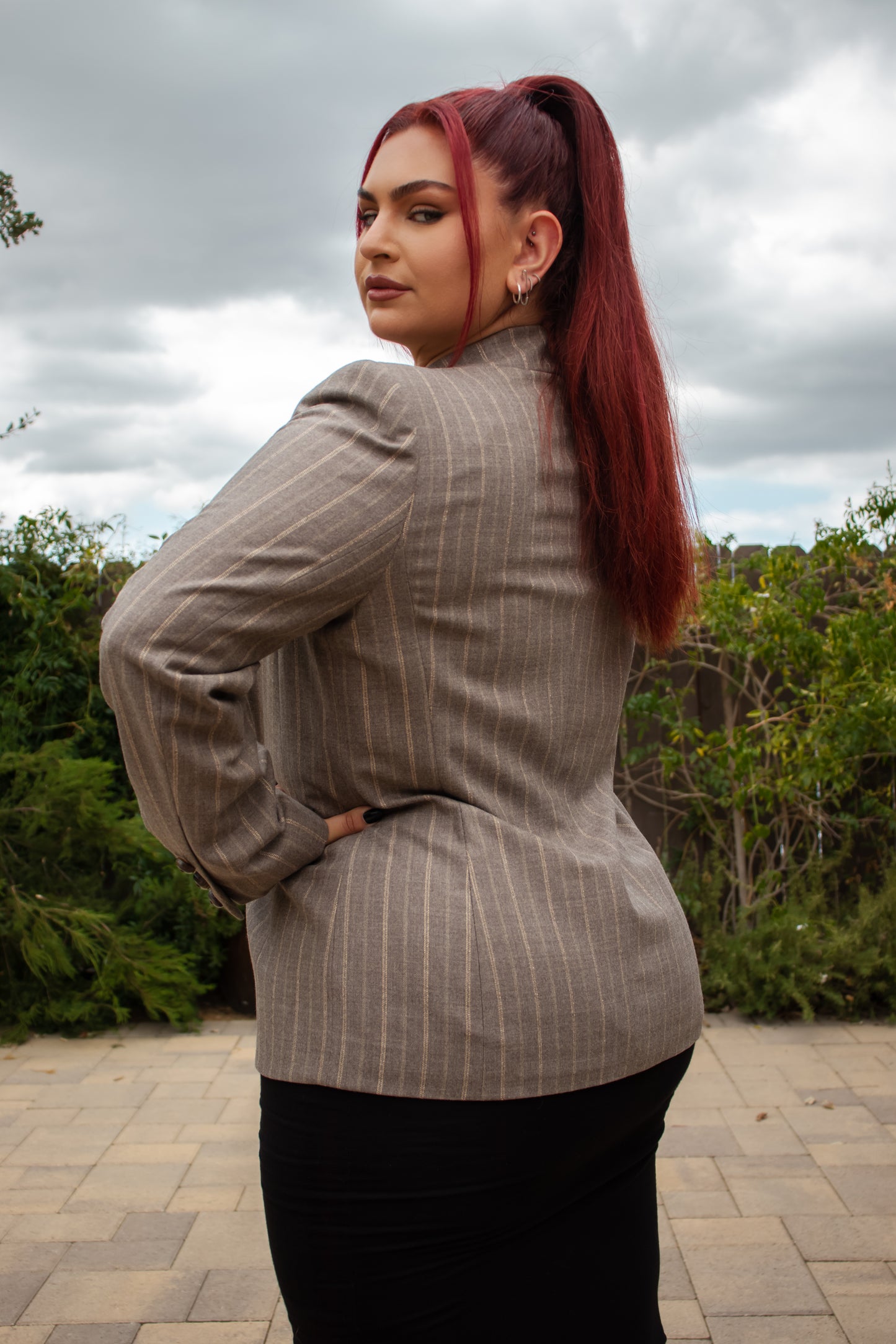 90's Escada Taupe and Gold Pinstripe Blazer L